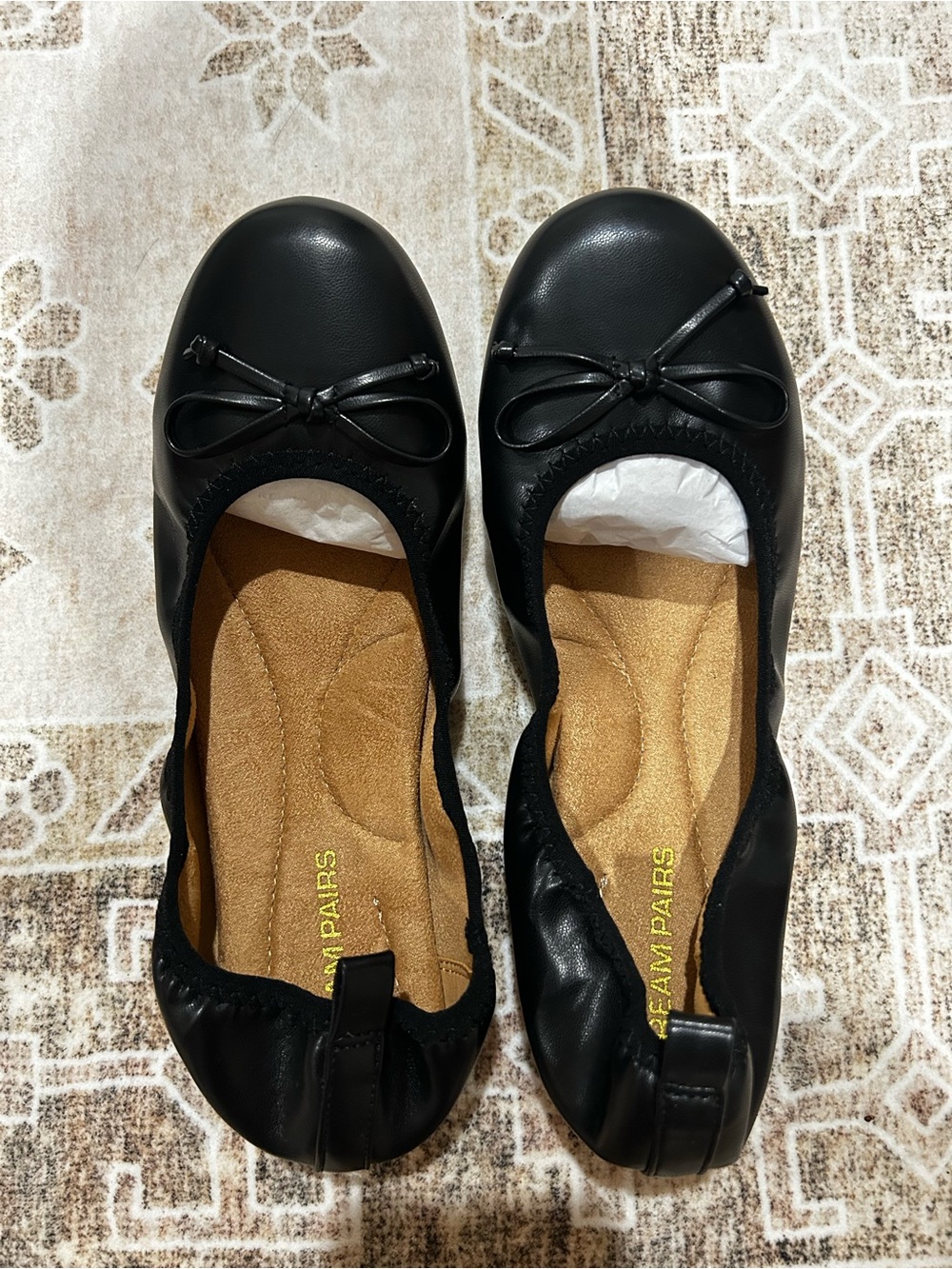 Wide Black leather Women’s Ballet Flats with Bow Accent